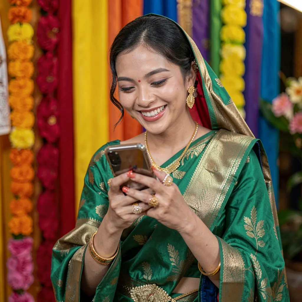 BERSATU888 App – Experience exciting casino entertainment on your mobile Stylish Malaysian woman smiling while using the BERSATU888 mobile casino app with colorful city lights creating a vibrant casino gaming mood