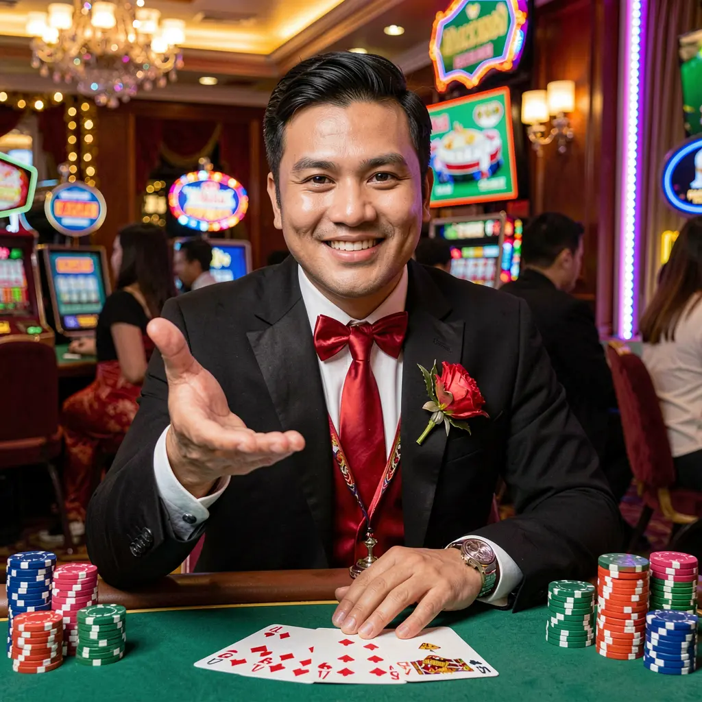 BERSATU888 Login – Enter the world of live casino games in Malaysia Smiling live casino dealer inviting players to join a table with cards and chips at BERSATU888, the trusted online casino platform for Malaysia